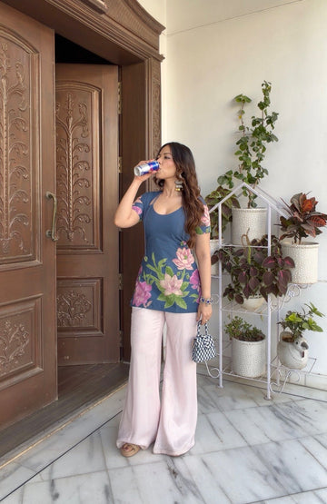 Women's Pure Cotton Pichwai Floral Print Kurti Tunic Top, Short Sleeve, Machine Washable with Lining