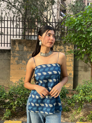 Navy Blue Elephant Print Cotton Spaghetti Top for Women (Buy 1 Get 1 Free)