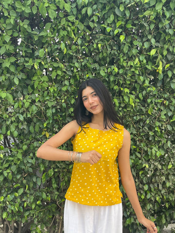 Yellow Bandhani Dot Print Sleeveless Cotton Crop Kurti Top for Women (Buy 1 Get 1 Free)