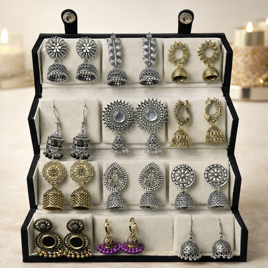 Set of 12 Oxidised Jhumka with Black Jewellery Box