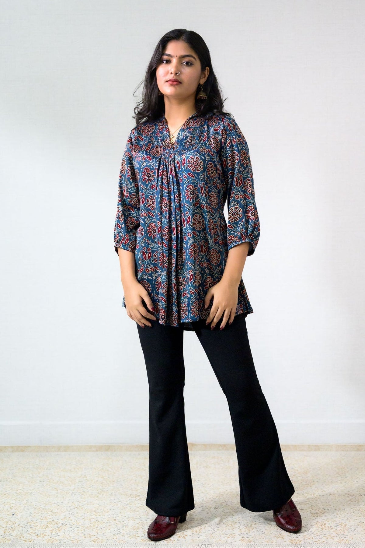 Blue Blooms Modal Ajrakh Short Top (Buy 1 Get 1 Free)